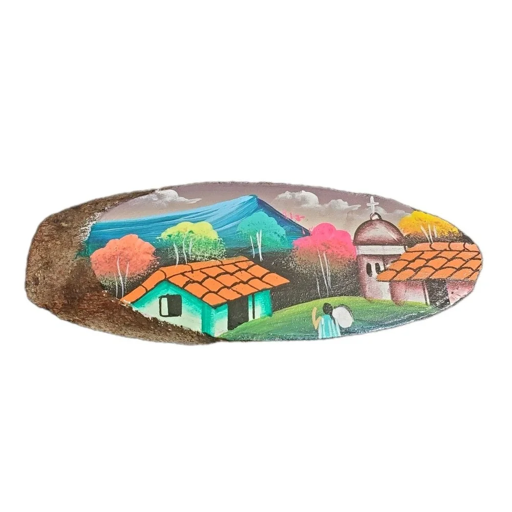 Handpainted Oval Natural Wood Refrigerator Magnet Miniature Village Painting